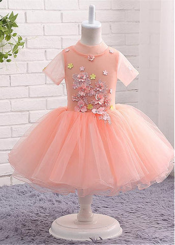 Stunning Tulle High Collar Neckline Short Sleeves Ball Gown Flower Girl Dresses With Lace Appliques & Handmade Flowers