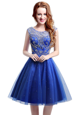 Delicate Tulle Scoop Neckline Knee-length A-line Homecoming Dresses With Beadings