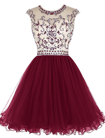 Short Beading Prom Dress Tulle Evening Dress Hollow Back Homecoming Dresses