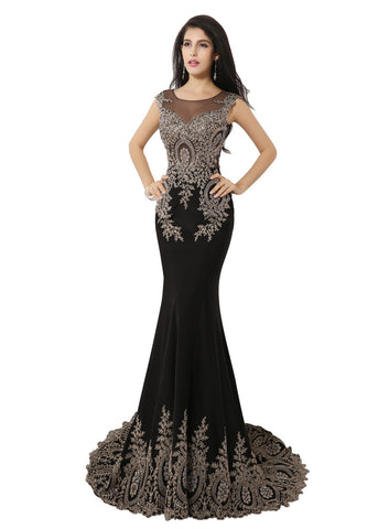 Marvelous Jersey Scoop Neckline Mermaid Evening Dresses With Lace Appliques & Rhinestones
