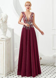 Burgundy Beautiful Tulle V-neck A-line Formal & Evening Dress