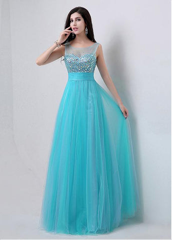 Blue Fabulous Tulle Scoop Neckline A-line Prom Dresses With Beadings