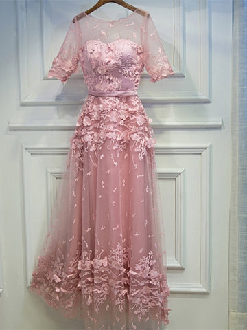 Scoop Lace Half Sleeves Sashes A-Line Floor-Length Evening Dress