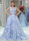 Floral Cloth V-neck Neckline Floor-length A-line Formal Dresses