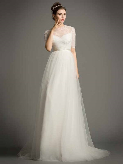 A-Line Pearls Beading Wedding Dress – Sassymyprom A-Line Pearls Beading Wedding Dress – Sassymyprom