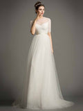 Tulle Short Sleeves A-Line Pearls Beading Wedding Dress