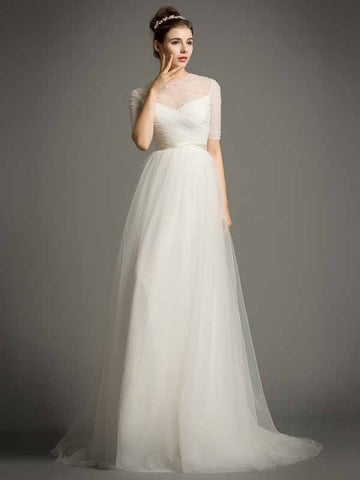 Tulle Short Sleeves A-Line Pearls Beading Wedding Dress
