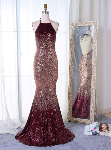 Ombre Mermaid Halter Backless Sequined Prom Dress