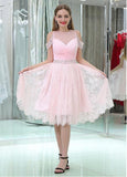 Tulle & Lace Jewel Neckline Knee-length A-line Homecoming Dresses With Beadings