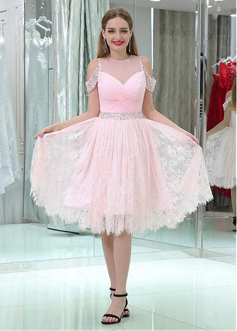 Tulle & Lace Jewel Neckline Knee-length A-line Homecoming Dresses With Beadings