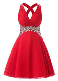 Red Fashionable Chiffon V-Neck A-Line Short Homecoming Dresses With Rhinestones