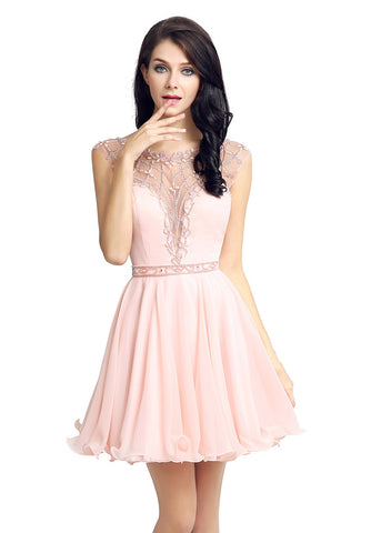 Romantic Chiffon & Tulle Jewel Neckline Short Length Homecoming Dresses With Beadings