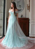 Green A-line Evening Dresses With Lace Appliques