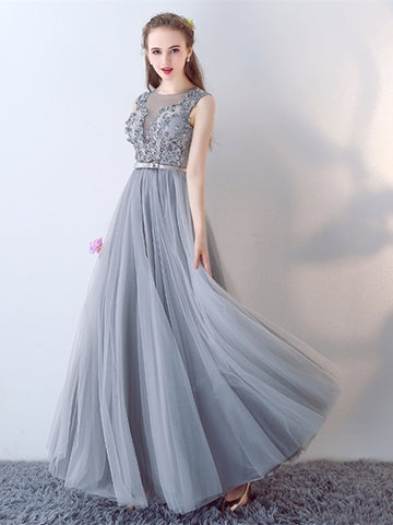 A-Line Appliques Bowknot Pearls Sashes Jewel Floor-Length Evening Dress