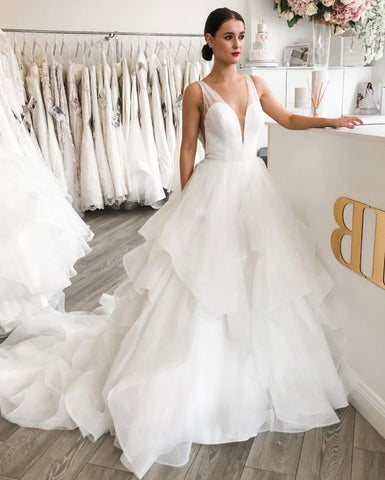 Ruffles Sweep Train A Line V Neck Organza Wedding Dress