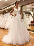 White Tulle Backless V Neck Beach Boho Wedding Dress