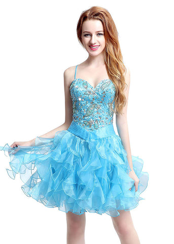 Amazing Organza Spaghetti Straps Neckline Basque Waistline Short-length Ball Gown Homecoming Dresses With Ruffles