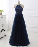 Sexy Halter Backless Evening Dresses With Beading Sequins Sleeveless Tulle A-Line Prom Dress Party Gowns