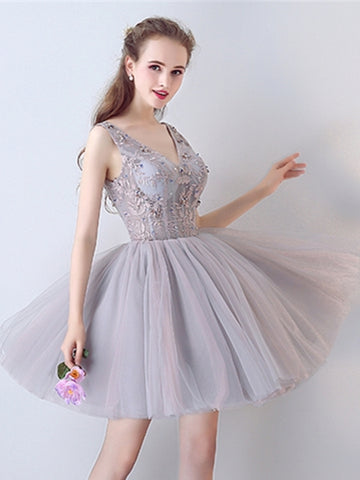 Gray Beaded Lace V-Neck Short Homecoming Dress