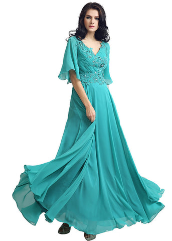 Modest Chiffon V-neck Neckline Trumpet Sleeves A-line Evening Dresses With Bea