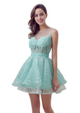 Elegant Tulle & Lace Jewel Neckline A-line Short Homecoming Dresses With Lace Appliques