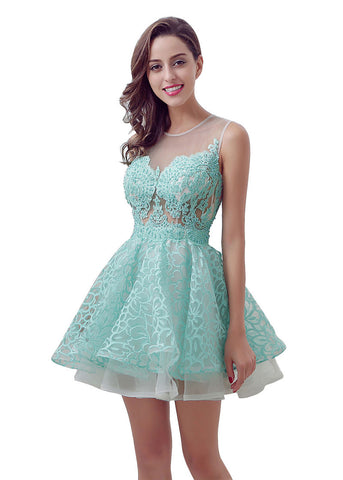Elegant Tulle & Lace Jewel Neckline A-line Short Homecoming Dresses With Lace Appliques