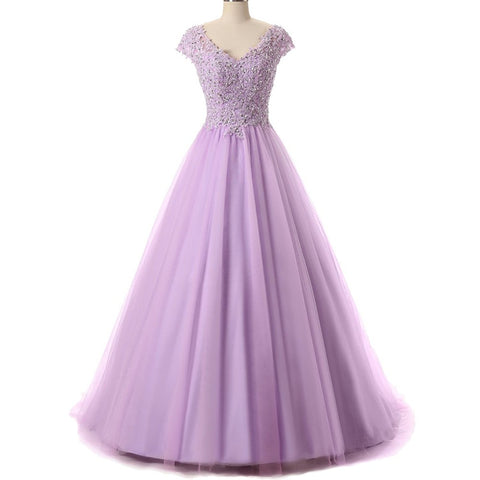V Neck Beading Appliques Prom Dresses Long 2017 Quinceanera Gowns Cap Sleeves for Sweet 16