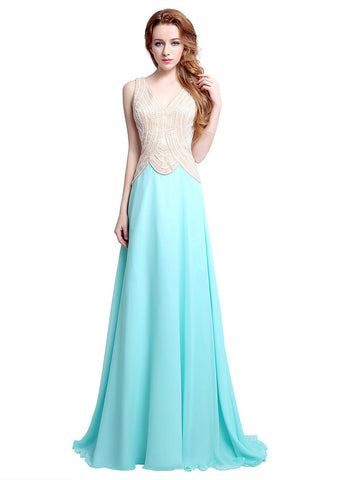 Gorgeous Chiffon V-neck Neckline Natural Waistline A-line Prom Dresses With Beadings