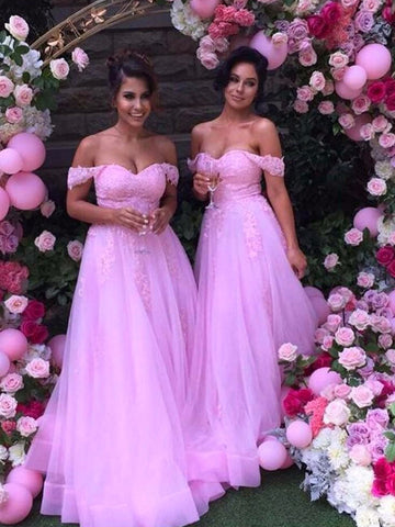 Off-the-Shoulder Pink Applique Tulle Bridesmaid Dress