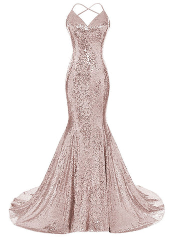 Sequins Mermaid Prom Dress Spaghetti Straps V Neck Backless Gowns