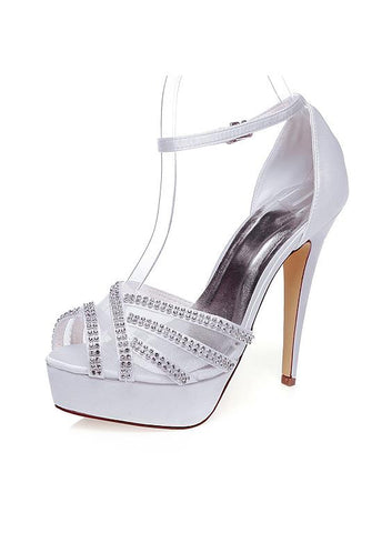 Chic Satin & Mesh Upper Peep Toe Stiletto Heels Wedding Shoes With Beads