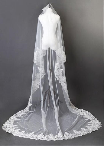 Beautiful Ivory Tulle Cathedral Wedding Veil With Sequin Lace Applique Edge