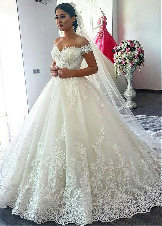 Tulle Off-the-shoulder Neckline Ball Gown Wedding Dress With Beaded Lace Appliques US16 / Pink Tulle Off-the-shoulder Neckline Ball Gown Wedding Dress With Beaded Lace Appliques US16 / Pink