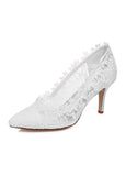Elegant Satin Upper Closed Toe Stiletto Heels Wedding/ Bridal Shoes With Lace
