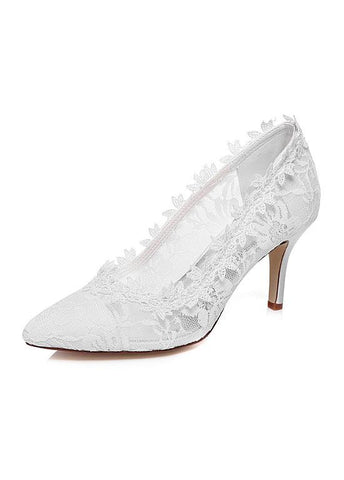 Elegant Satin Upper Closed Toe Stiletto Heels Wedding/ Bridal Shoes With Lace
