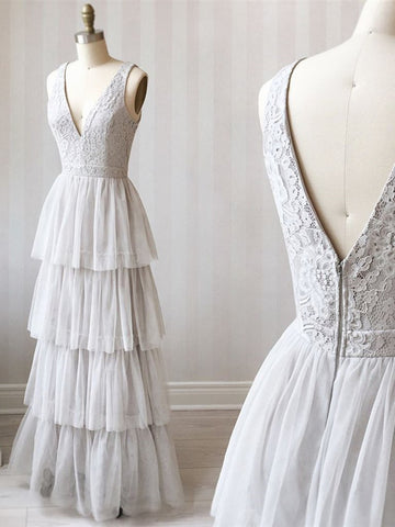 A Line V Neck Gray Lace Ruffles Tulle Prom Dress
