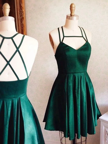 Cross Back Hunter Green V Neck Short Prom Homecoming Dress