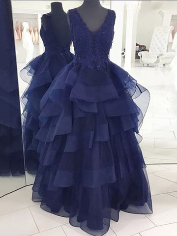 Appliques V-Neck Beading A-Line Ruffles Sweep Train Evening Dress