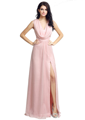 Stunning Chiffon V-neck Neckline Cut-out Floor-length A-line Evening Dresses With Slit