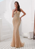 Tulle V-neck Gold Mermaid Evening Dress With Rhinestones