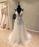 White A-Line Tulle Lace Long Prom Dress