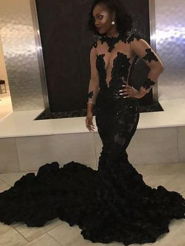 Mermaid Long Sleeves Black Applique Prom Dress