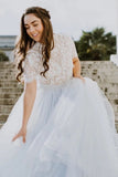 Scoop Two Piece Chiffon Short Sleeve Lace Top Wedding Dress