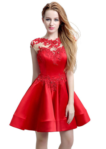 Stunning Satin & Tulle Jewel Neckline Cap Sleeves Short A-line Homecoming Dresses With Lace Appliques