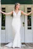 V Neck Open Back Lace Mermaid Backless Wedding Dress