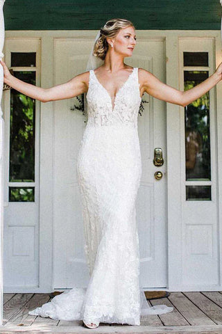 V Neck Open Back Lace Mermaid Backless Wedding Dress