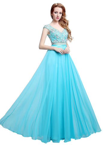 Graceful Chiffon & Tulle V-neck Neckline See-through A-line Prom Dresses With Beadings