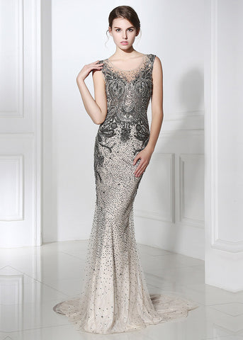 Wonderful Tulle Scoop Neckline Sheath Evening Dresses With Beaded Lace Appliques