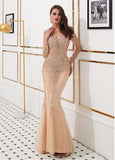 Tulle V-neck Beading Champagne Mermaid Evening Dress