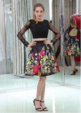 Lace & Floral Cloth Bateau Neckline Illusion Long Sleeves A-line Two -piece Homecoming Dresses With Beadings